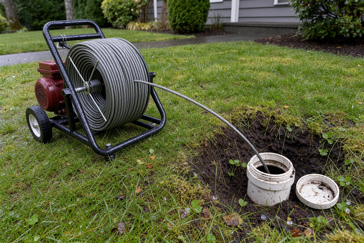 Drain cleaning machine feeding a steel cable into an open PVC sewer cleanout in a yard