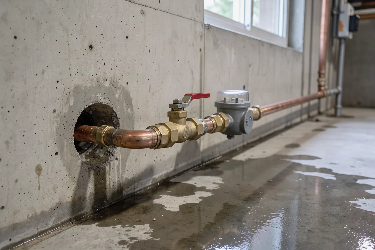 Brass shutoff valve on a copper water main entering a concrete basement wall