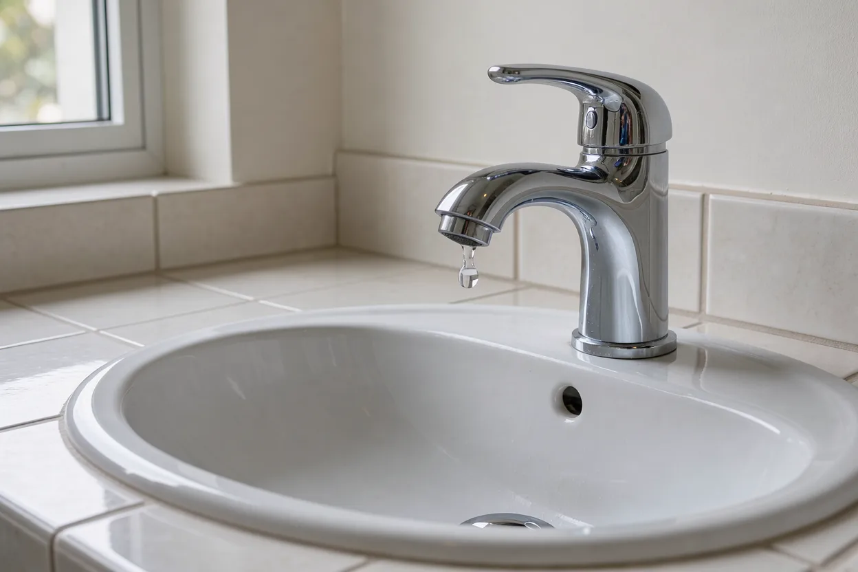 Chrome faucet with a water droplet over a white bathroom sink