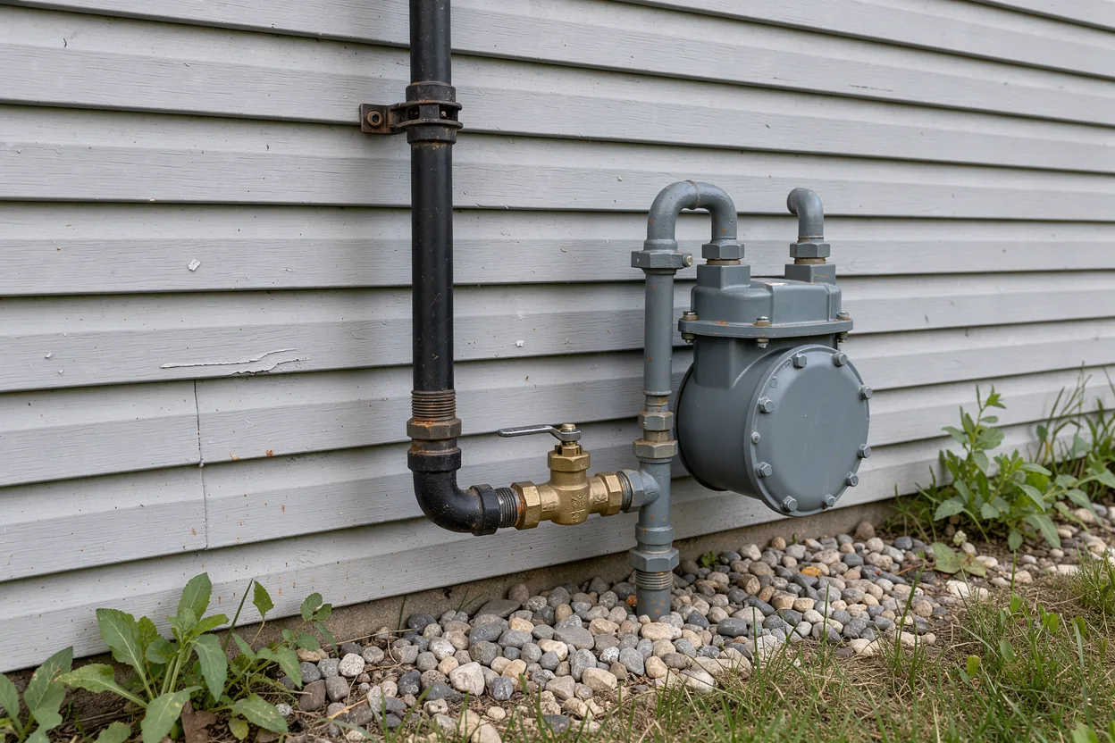 Black iron gas pipe with a shutoff valve running down an exterior house wall