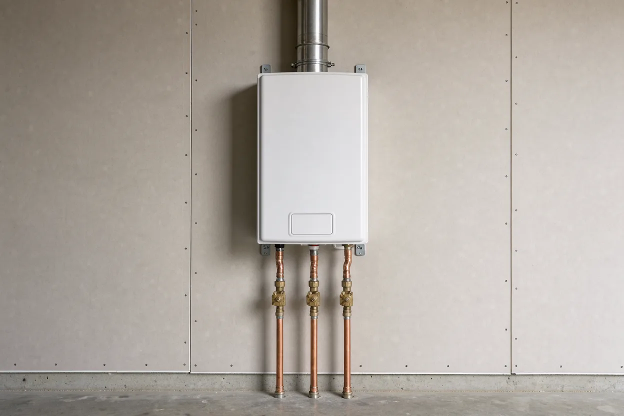 Wall-mounted tankless water heater with copper lines and a stainless vent
